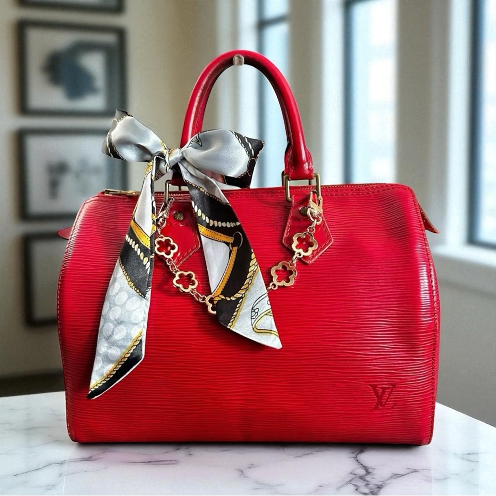 Louis Vuitton Red Satchel with Scarf and Charm